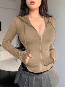 DAZY Crop Hooded Women Sweatshirt With Elastic Waist, Drawstring, Zipper Opening, And Pockets