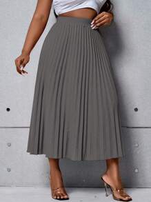 SHEIN Unity Plus Size Solid Color Elastic Waist Pleated Midi Skirt - Grey - View 5