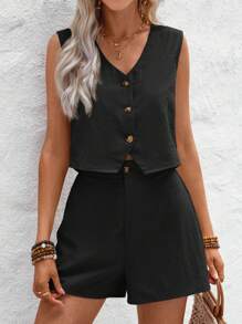 SHEIN LUNE 女性夏季V領前扣背心襯衫配A字裙擺和短褲兩件套裝，適用於休閑和度假 - 黑色 - 查看 4