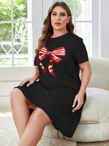 SHEIN Essnce Plus Size Nữ Mùa Hè Thắt Nơ In Hình Cổ Tròn Tay Ngắn Áo Phông Thường Ngày - màu đen - Xem 4