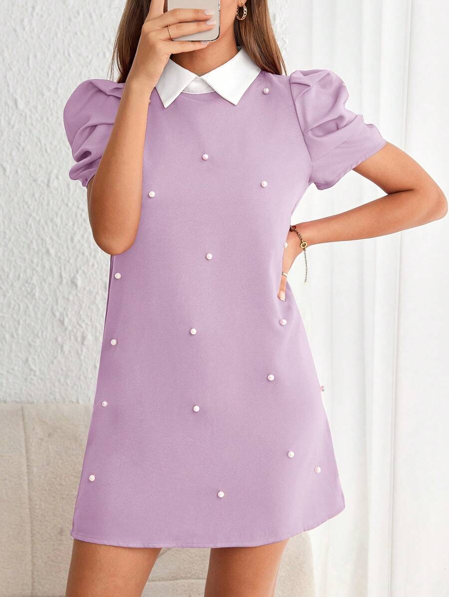 SHEIN Privé Women Solid Color Simple And Minimalist Daily Dress With Pleated Design,Lavender Dress - Mauve Purple - View 1