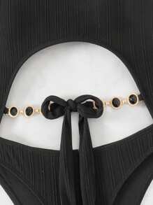 SHEIN Swim Ladies Solid Color Hollow Out Beachwear One Piece Swimsuit Summer - Black - View 3