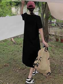 女士撞色Polo领短袖连衣裙，休闲优雅黑色夏季款 - 黑色 - 查看 2