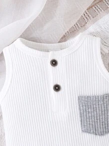 2pcs/Set Casual Baby Boy Color Block Short Sleeve Romper With Pocket