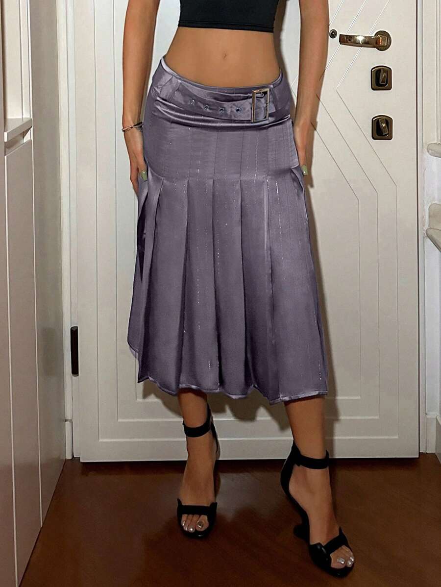 SHEIN ICON 女性超低腰寬褶皺高開叉中長裙