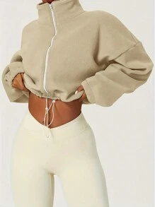 INAWLY Women's Solid Color Drop Shoulder Drawstring Hem Zip Up Cropped Sweatshirt,Long Sleeve Tops Graduation,Back To School,Graduation,Teacher For Women,Back To School Fall Sweatshirt - Khaki - View 3