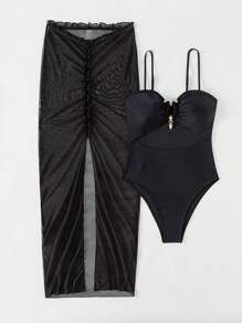 SHEIN Swim 女士實色細肩帶連體泳衣和防曬裙2入組 - 黑色 - 查看 1