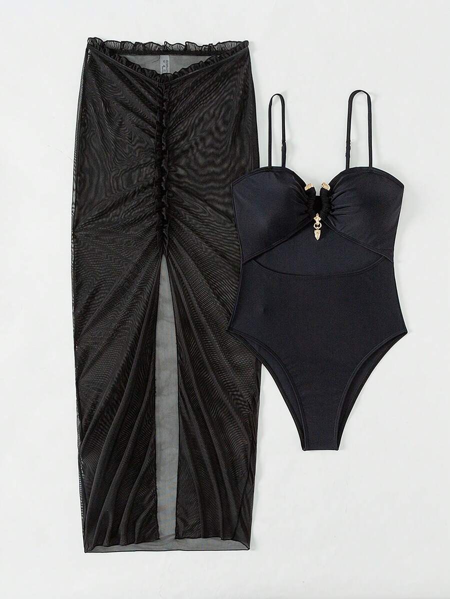 SHEIN Swim 女士實色細肩帶連體泳衣和防曬裙2入組 - 黑色 - 查看 1