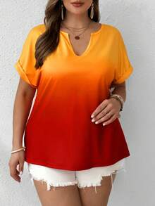 SHEIN LUNE Plus Size Gradient Color Batwing Sleeve Casual T-Shirt With V-Neckline - Multicolor - View 4