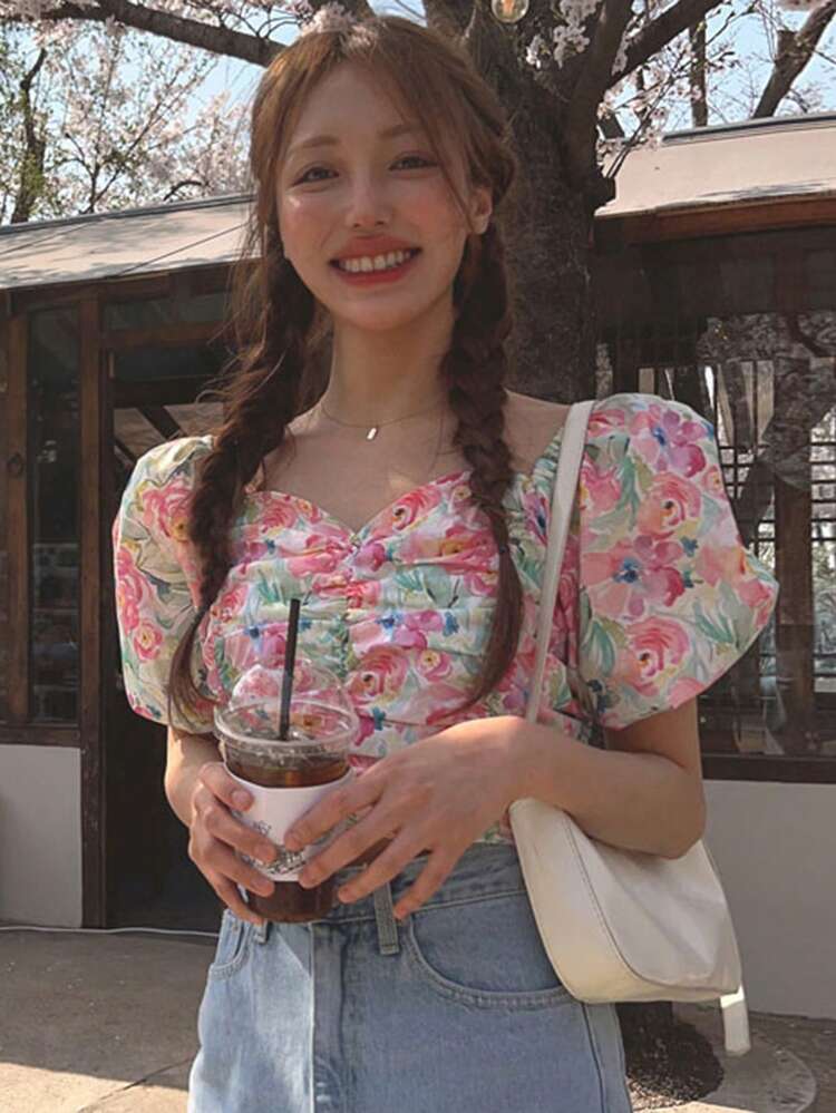 Women Floral Print Cropped Ruffle Short Sleeve Off Shoulder Blouse Vacation Outfits Women Easter Boho
