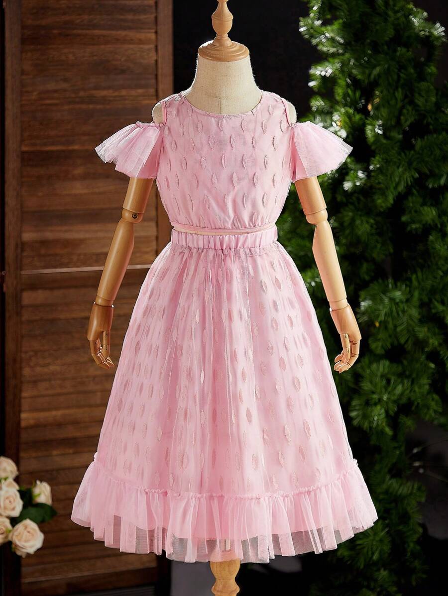 SHEIN Young Girl's Cold Shoulder Textured Top And Skirt Set - Baby Pink - View 1