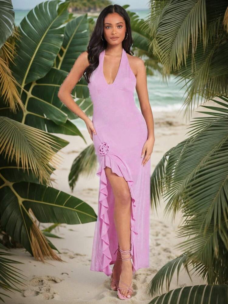 Ladies' Long Dress With Halter Neck, Side Slits, Frill And Open Back
