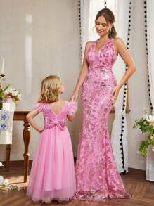 SHEIN Belle 優雅露背高跟領口吊帶長禮服，時尚長尾美人裝晚禮服