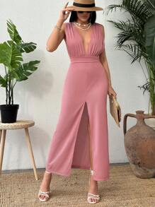 SHEIN Cottnline Pleated Fabric Rose Summer Dress With Back Detail - Jahe - View 3