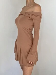 DAZY 女士露肩纯色长袖A字连衣裙，荷叶边，迷你连衣裙，秋季连衣裙，长袖连衣裙，露肩上衣 - 棕色 - 查看 6