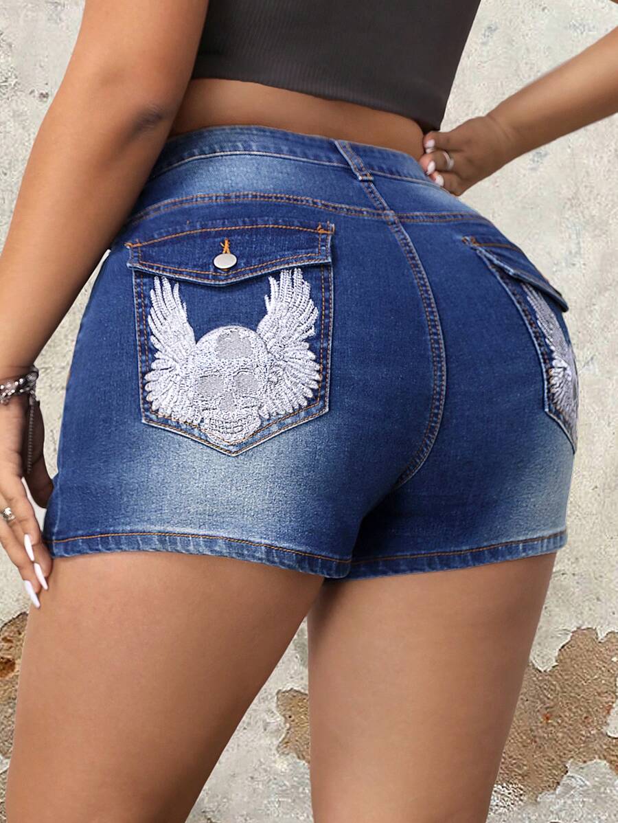 SHEIN ICON Plus Size Women Skull & Wing Embroidery Tight Denim Shorts - Blue - View 1