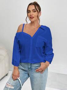 SHEIN Essnce Camisas casuales elegantes de mujer talla grande de nuevo estilo con diseño asimétrico de hombros descubiertos y mangas medias a rayas para uso casual, trabajo o para maestras