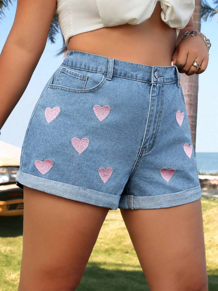 SHEIN ICON Plus Size Heart Embroidered Denim Shorts - Light Wash - View 4