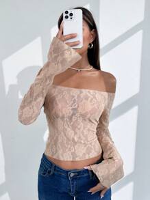 SHEIN Unity 女士透视蕾丝露肩上衣 - 卡其色 - 查看 3