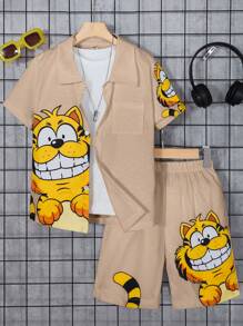 SHEIN Tween Boy Cool And Fashionable Short Sleeved Shirt And Shorts Spring Summer Set