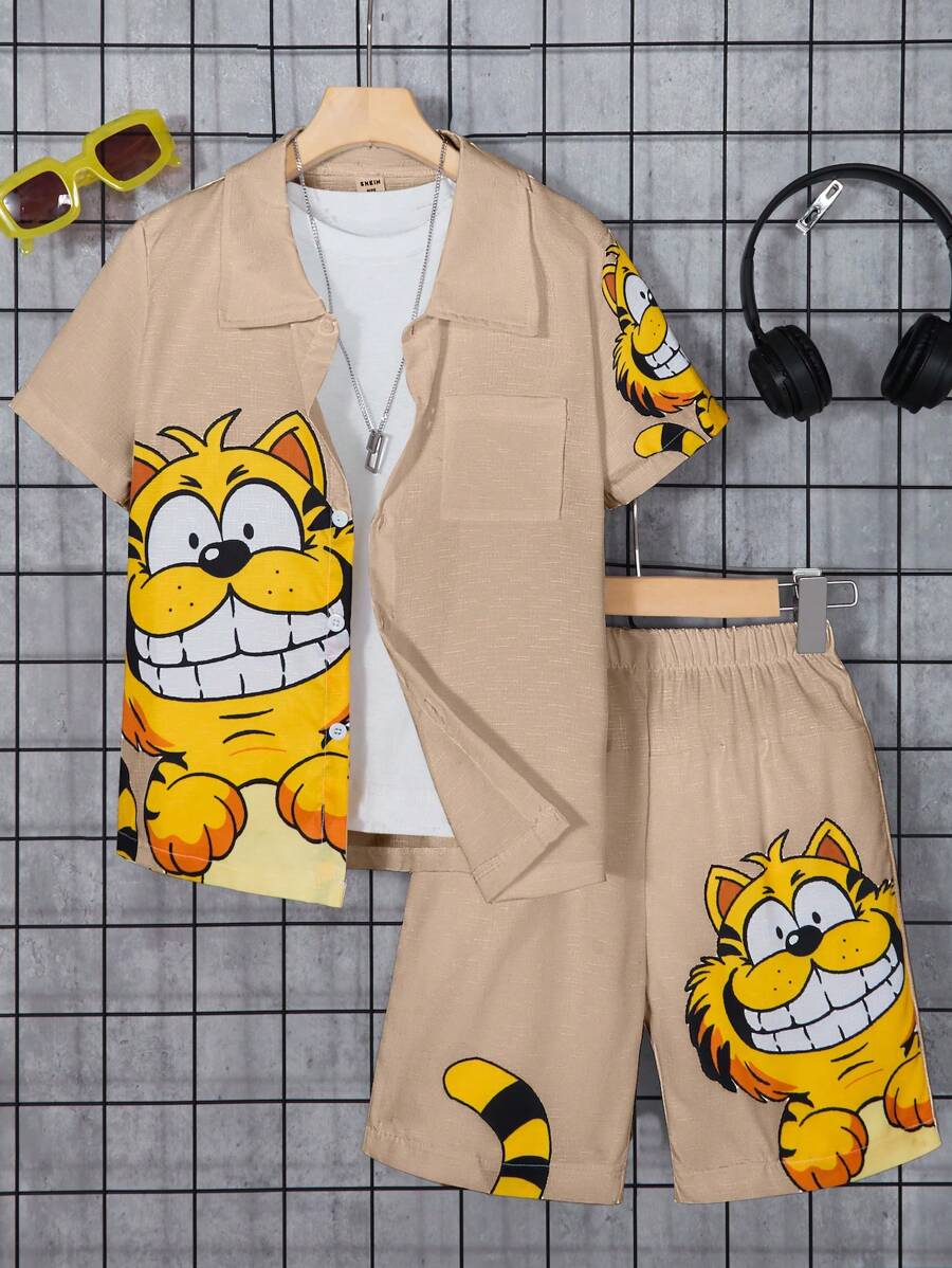 SHEIN Tween Boy Cool And Fashionable Short Sleeved Shirt And Shorts Spring Summer Set
