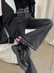 素色磨損邊牛仔喇叭褲 - 深灰色 - 查看 5