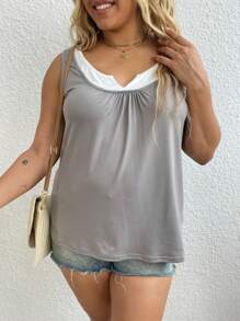 Calvaya Plus Size Summer Casual Color Block Pleated Loose Basic Tank Top