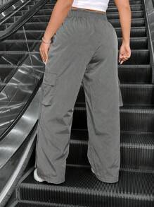 Flirla Pantalones de calle del estilo del herraje unicolor de talla extra con cinturones colgantes - Gris - Ver 2