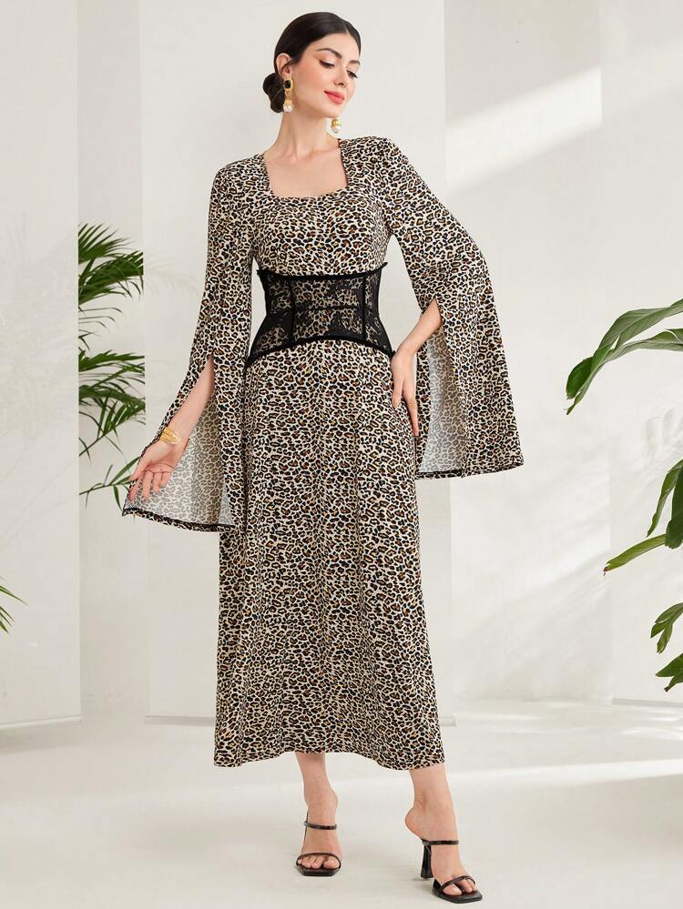 Women Leopard Print Floral Square Neck Bell Sleeve Fashion Dress Fall Cloth For Women