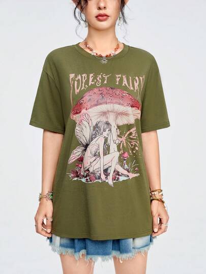 Fairycore Camiseta casual para mujeres con estampado de elfos en manga corta y talla grande para el verano