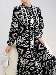 Mulvari Women Geometric Print Stand Collar Long Lantern Sleeve Arabian Modest Dress