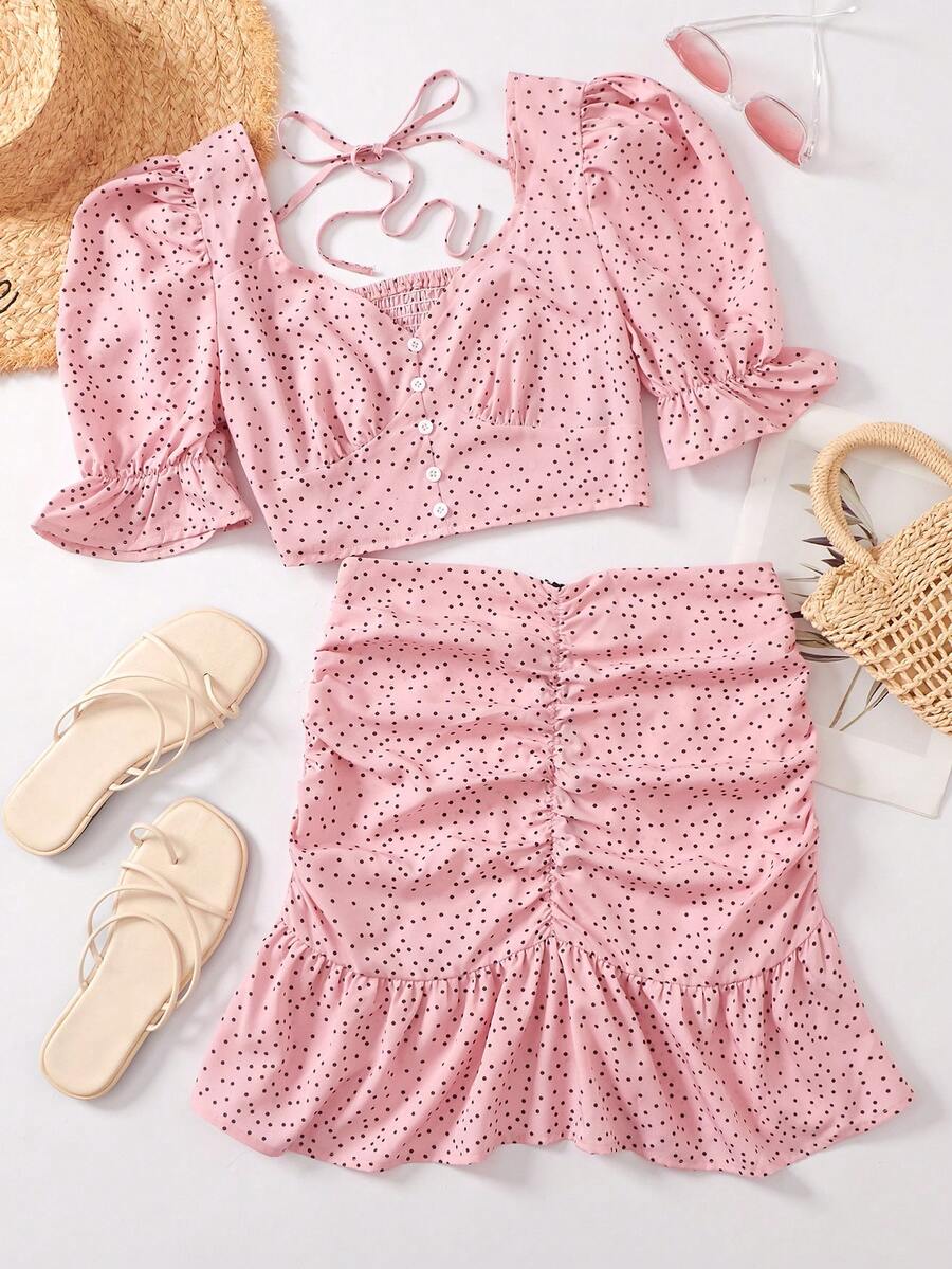 Breezaya Women's Polka Dot Printed Puff Sleeve Shirt And Pleated Skirt, Lovely 2pcs Set - Pink - View 1