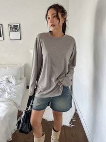 DAZY 纯色宽松长袖圆领女式T恤，秋季服装 - 灰色 - 查看 2