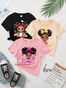SHEIN Leap Crew ModeFlare Wear Young Girl Casual Simple Cartoon Pattern Three T-Shirts Set Suitable For Summer - Multicolor - View 1