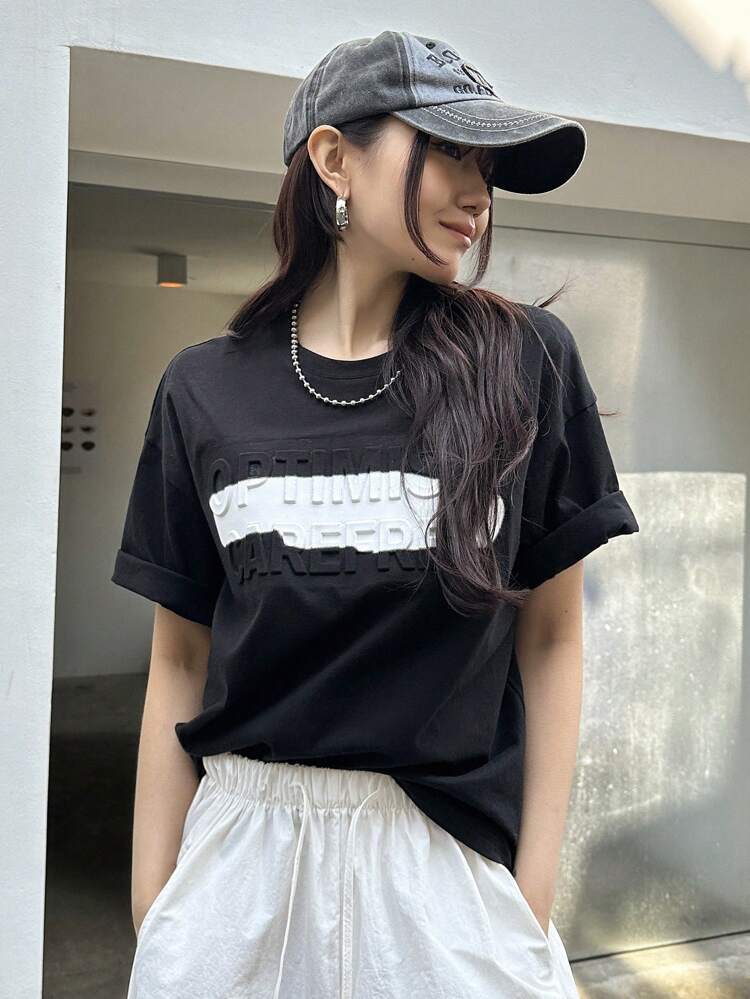 Women's Short Sleeve Tee With Printed Alphabet And Embossed Texture, Round Neck Summer,Graphic Tees,Back To School Clothes