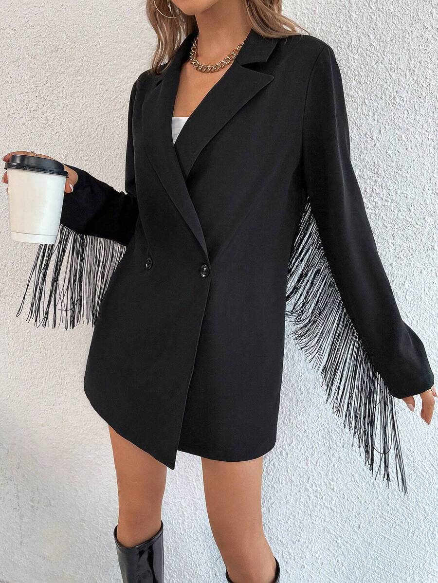 Allurite Lapel Neck Fringe Trim Longline Blazer Fall Cloth For Women