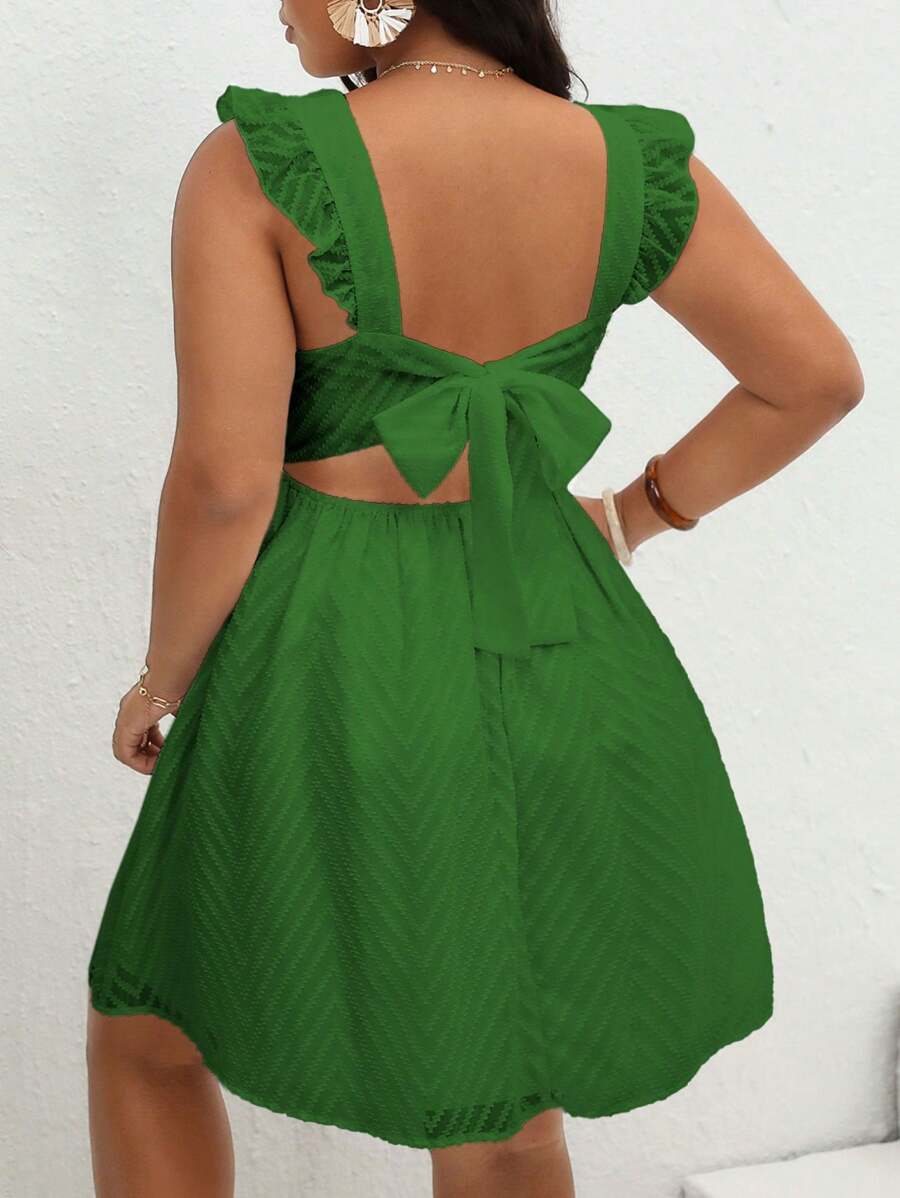 Dreamara Plus Size Women Ruffle Trim Back Tie Summer Dress - Dark Green - View 1