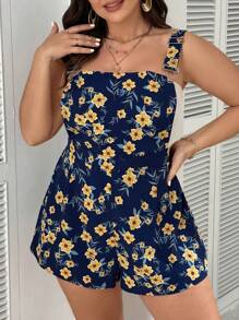 SHEIN VCAY Plus Size Women Boho Summer Vacation Style Floral Printed Overall Romper - Navy Blue - View 1
