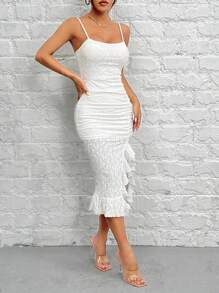 SHEIN PETITE Vestido plisado con cuello halter y diseño de bordado calado, con ribete de volantes en tela de gasa de unicolor - Blanco - Ver 7