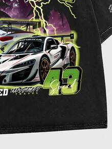 ROMWE MEN Street Life 男式 Racetrack Streetwear 印花做旧雪洗短袖赛车 T 恤，夏季，高街复古风格，学校 - 黑色 - 查看 5