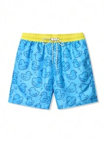 Manfinity Men Color Block Drawstring Cartoon Print Summer Beach Shorts
