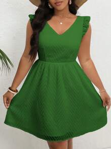 Dreamara Plus Size Women Ruffle Trim Back Tie Summer Dress - Dark Green - View 4