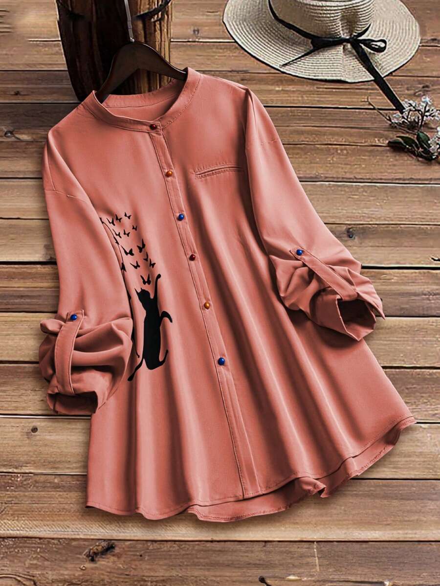 EMERY ROSE Plus Size Butterfly & Cat Print Puff Sleeve Shirt - Watermelon Pink - View 1