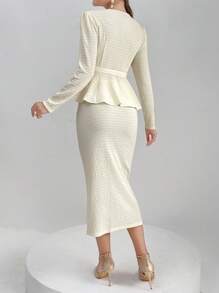 Modelyn Mujeres elegantes y encantadoras camisa de manga larga con cuello en V ajustada y falda con abertura lateral para la primavera y el verano