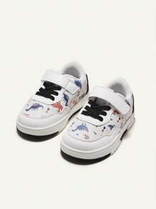Cozy Pixies Boys' Casual, Fashionable, & Cute Dinosaur Printed Canvas Shoes With Cartoon Style, Anti-Collision Toe Design, Adjustable Hook And Loop And Waterproof Properties