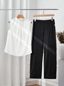 SHEIN Clasi Summer Ladies' Stand Collar Fold Pleated Shirt And Pants Set - Black and White - View 1