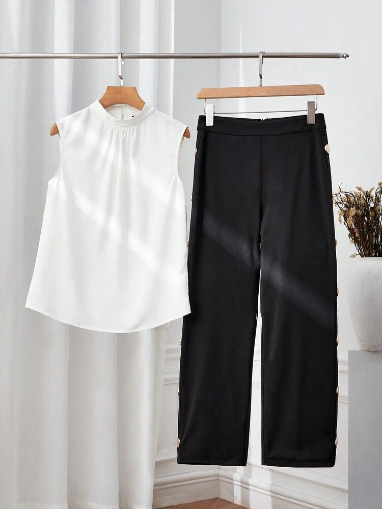 Summer Ladies' Stand Collar Fold Pleated Shirt And Pants Set