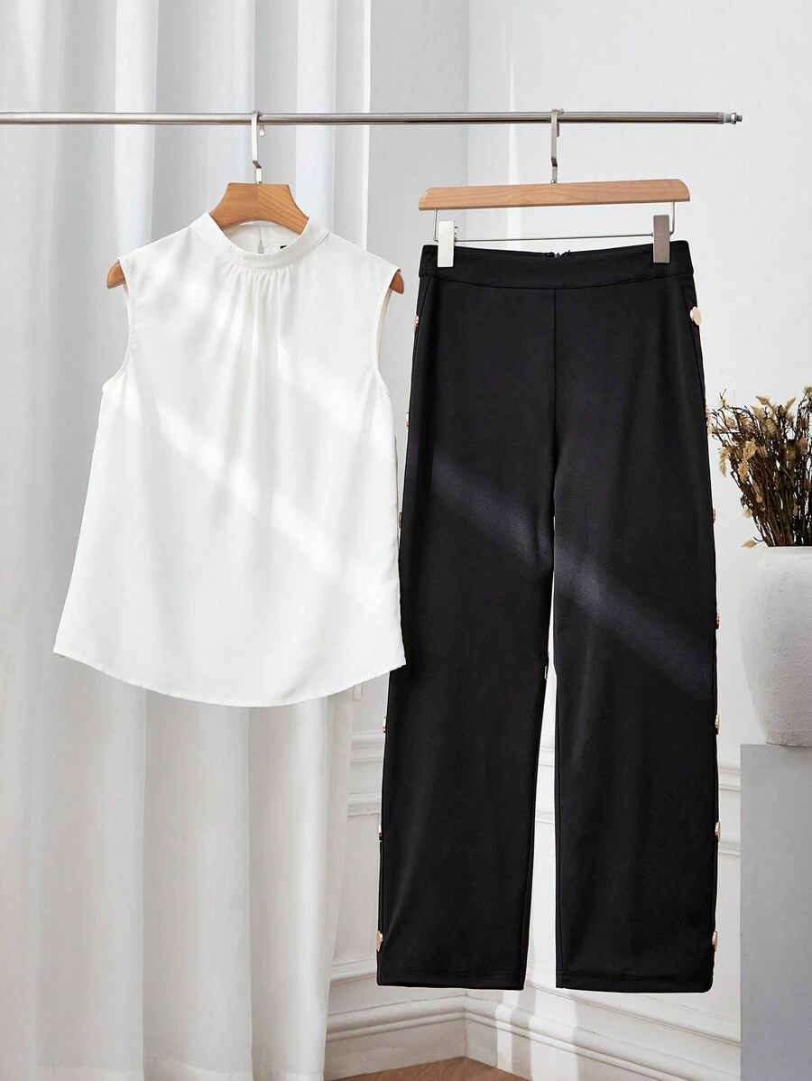 SHEIN Clasi Summer Ladies' Stand Collar Fold Pleated Shirt And Pants Set - Black and White - View 1