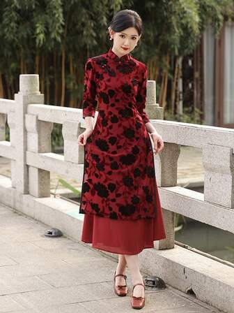 Women Summer Elegant Cheongsam Chinese Dress With Floral Print And Button Details