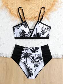 Tween Girl Coconut Tree Printed Ruffled Splice Two-Piece Bikini Set Mommy And Me Matching Outfits (2 Sets Are Sold Separately) Summer Beach - Multicolor - View 4